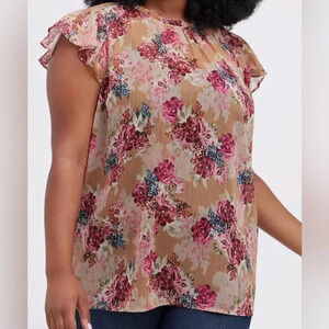 Torrid Mock  Neck Tank Crinkle Chiffon Floral Tan Blouse Sz 2